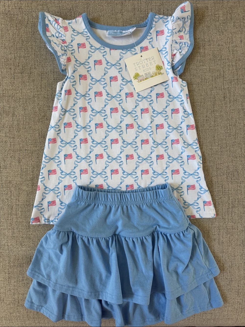 Trotter Street Kids Flag Print Top & Blue Ruffle Skort Set 5T